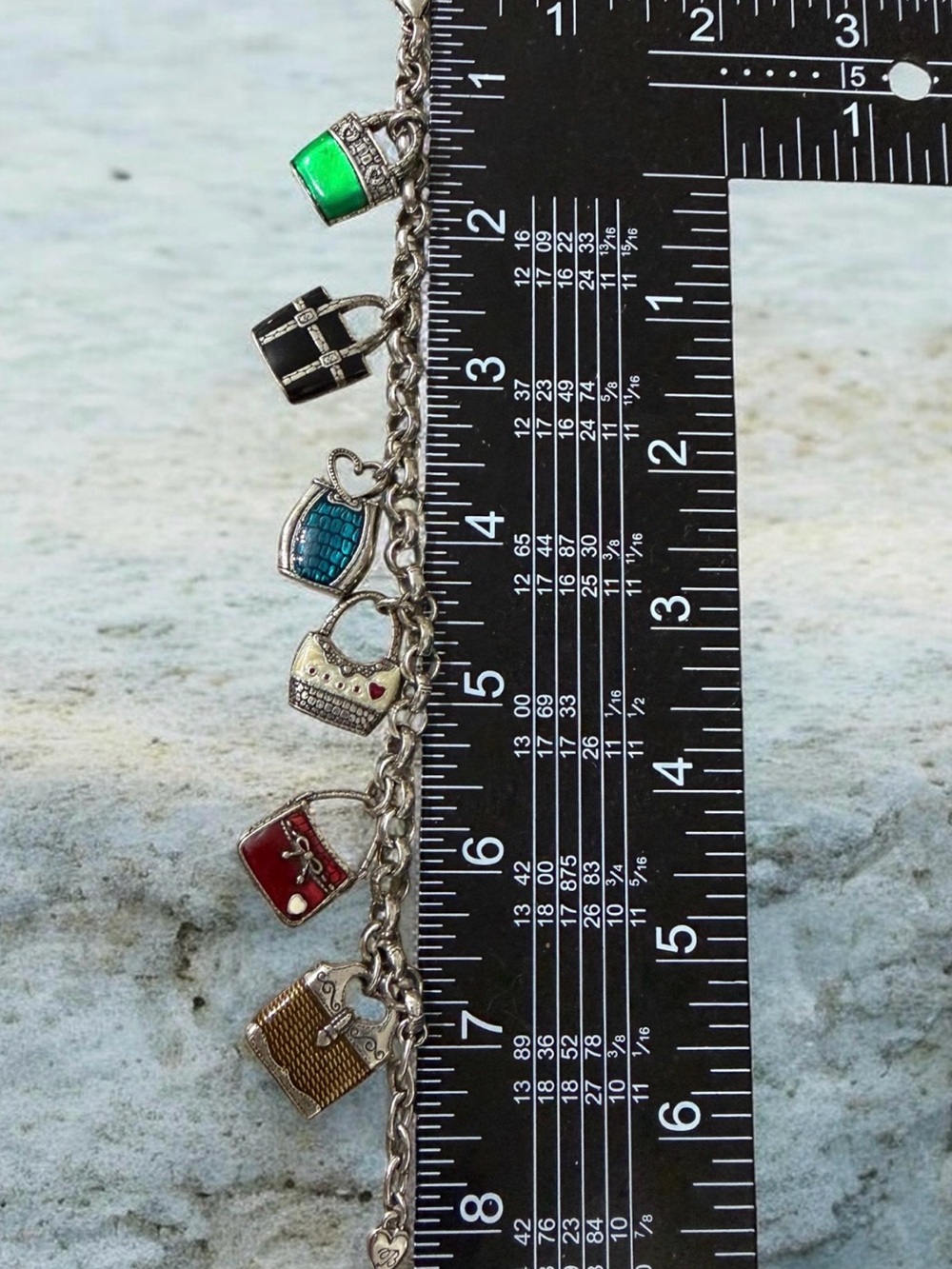 Vintage Signed Brighton Retired Enamel Handbag Purse Charm Bracelet -8” long 56g